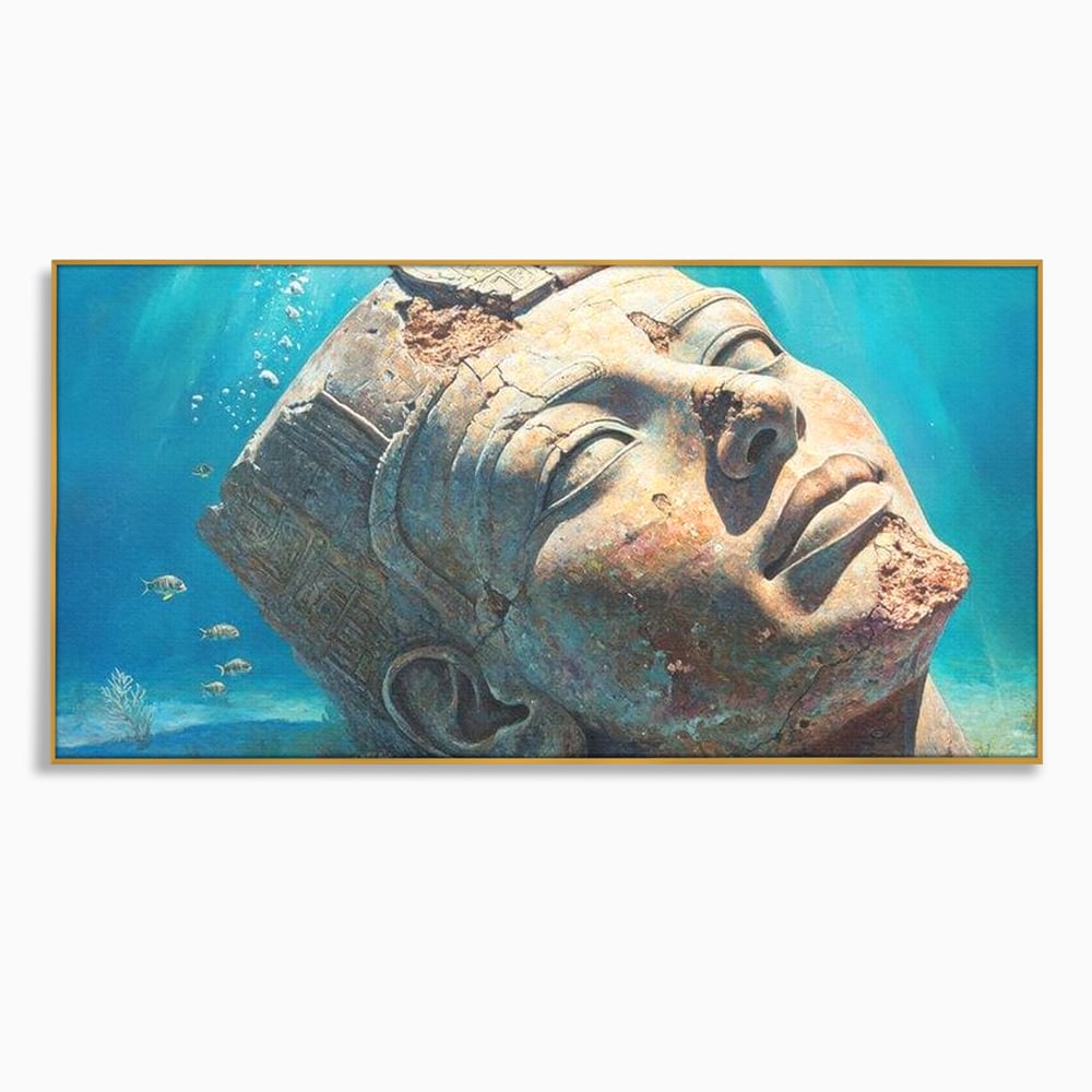 Tablou canvas cu cap de statuie faraonica scufundat, in rama de aluminiu auriu