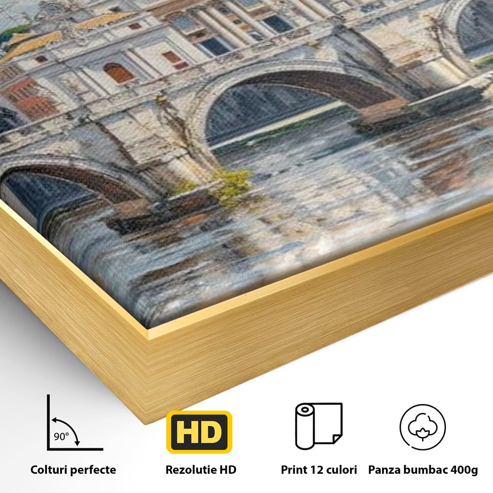 Detaliu al suprafetei: tablou canvas cu podul si cupola vaticanului, in rama de aluminiu auriu