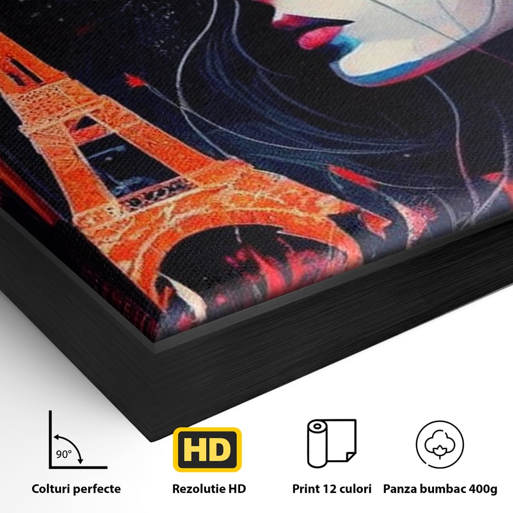 Detaliu al suprafetei: tablou canvas cu femeie si turnul eiffel, in rama de aluminiu negru