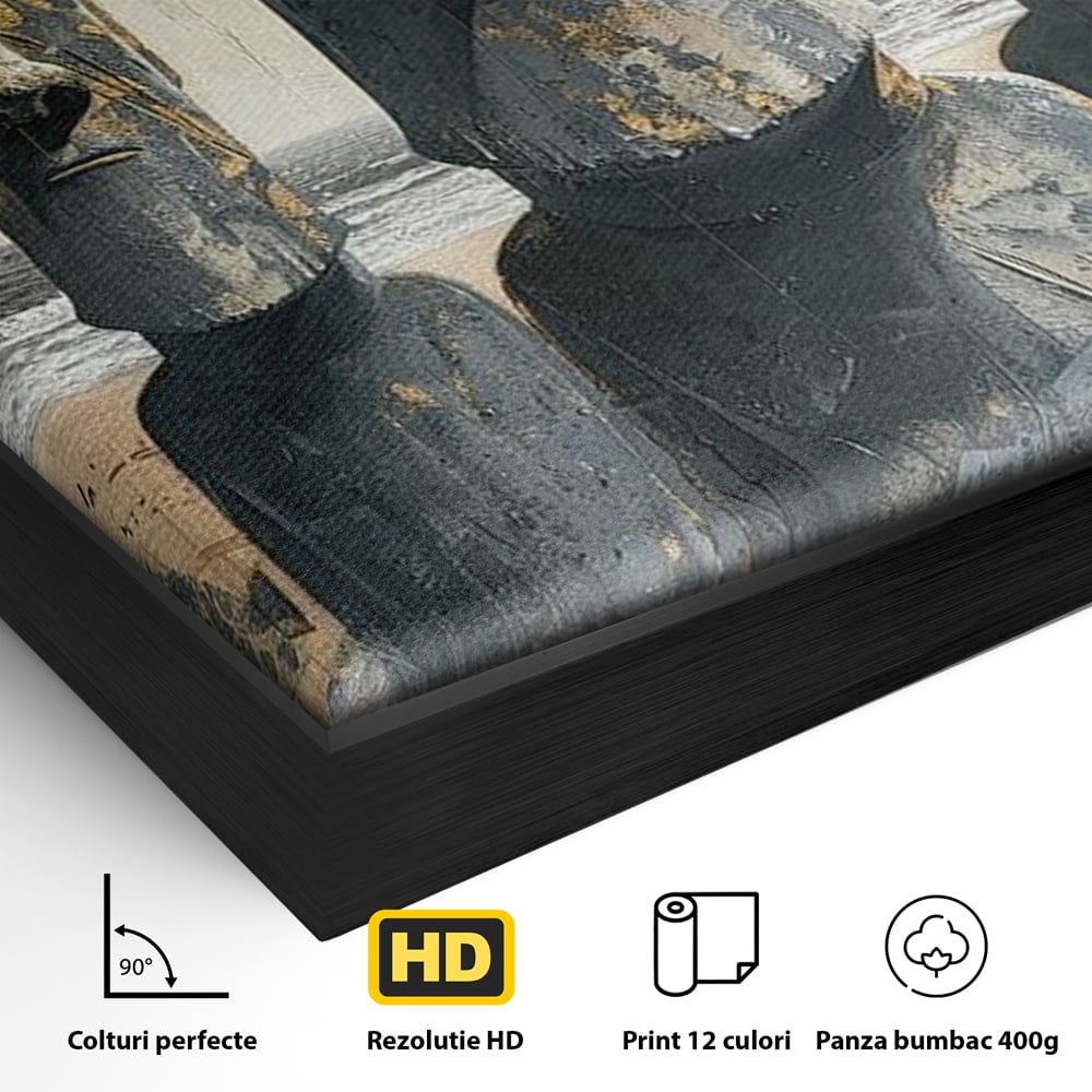 Detaliu al suprafetei: statui moai din piatra, in rama de aluminiu negru