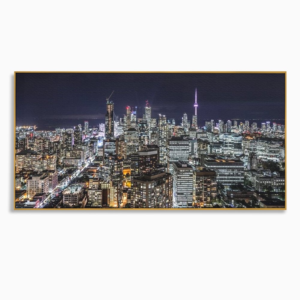 Tablou canvas cu panoramic nocturn cu toronto si cn tower, in rama de aluminiu auriu