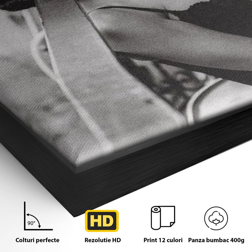 Detaliu al suprafetei: tablou canvas cu femeie fumand pe balcon, in rama de aluminiu negru