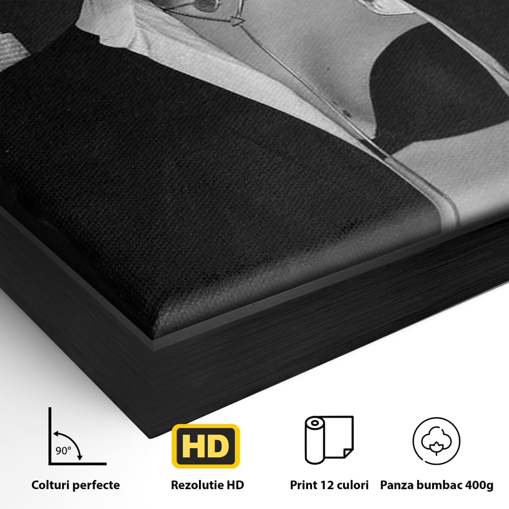 Detaliu al suprafetei: tablou canvas cu femeie fumand sub palarie, in rama de aluminiu negru