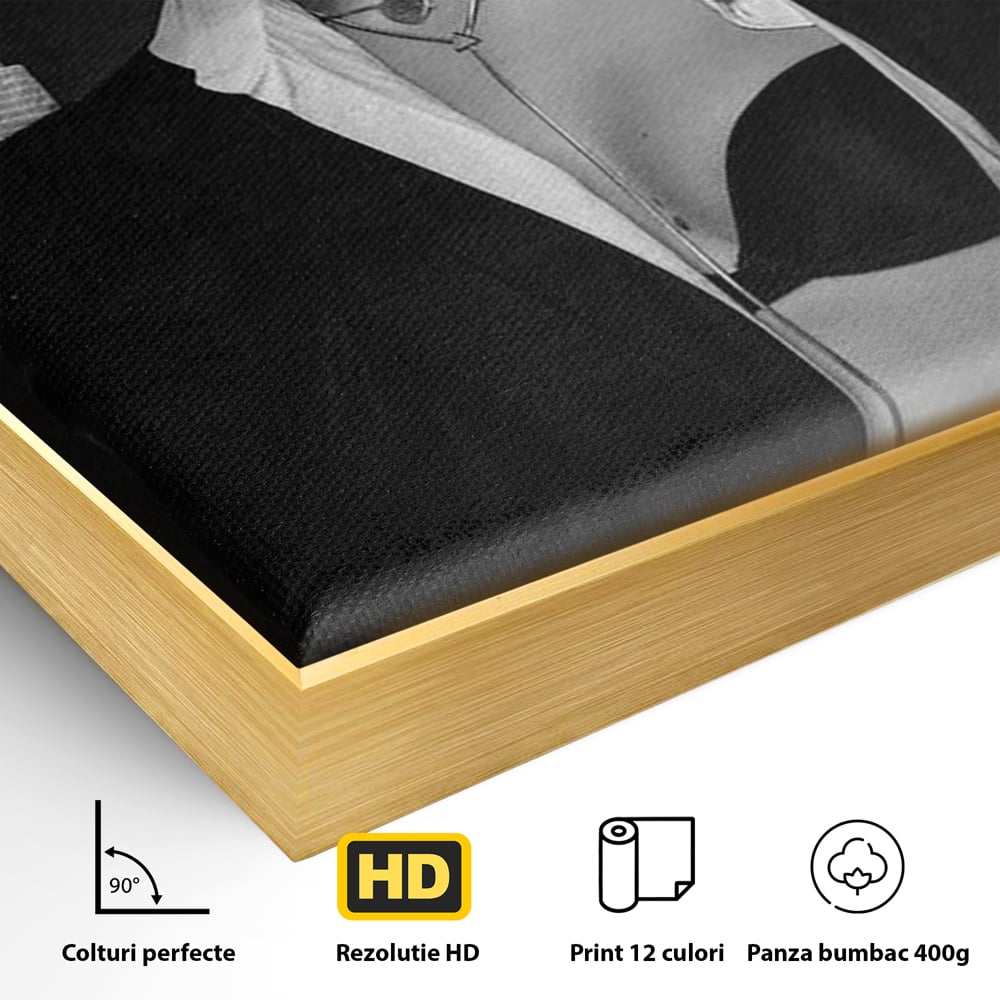 Detaliu al suprafetei: tablou canvas cu femeie fumand sub palarie, in rama de aluminiu auriu