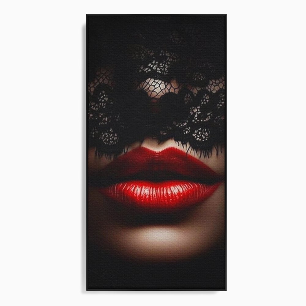 Tablou canvas cu tablou canvas cu buze rosii si dantela, in rama de aluminiu negru