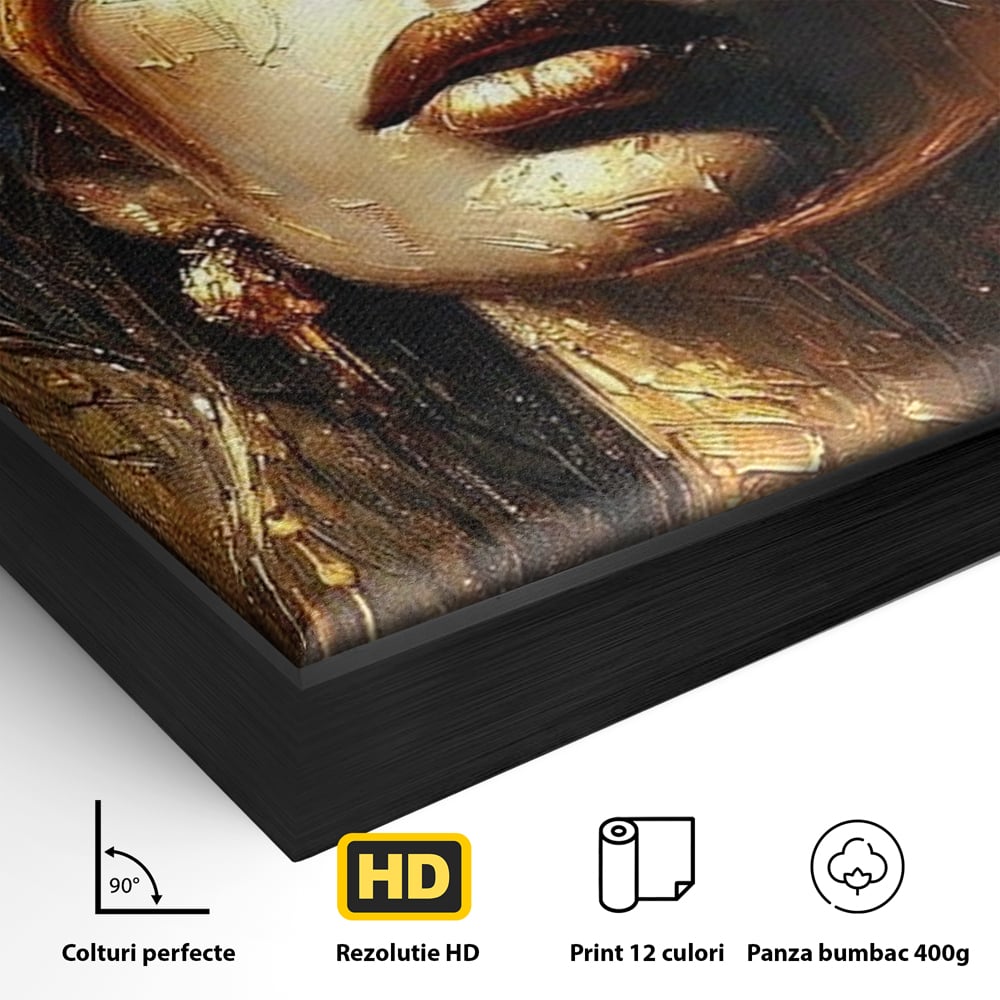 Detaliu al suprafetei: tablou canvas cu portret de femeie aurita, in rama de aluminiu negru