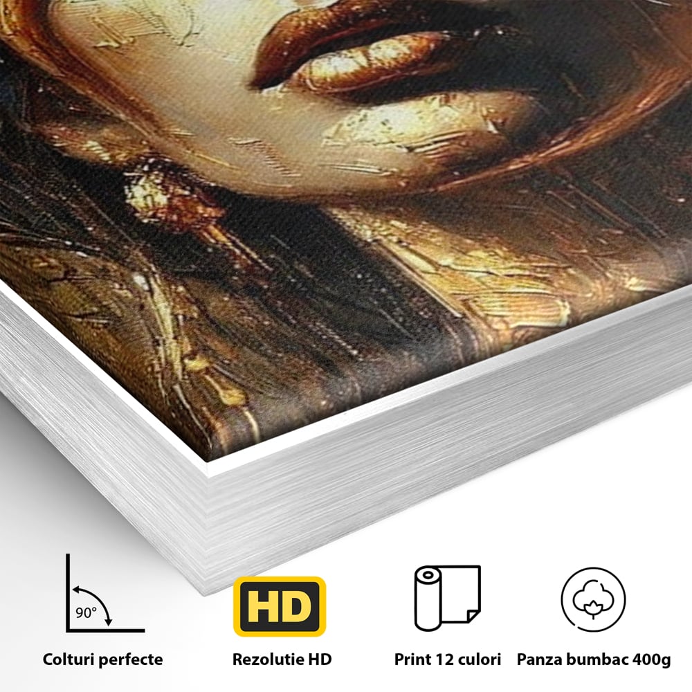 Detaliu al suprafetei: tablou canvas cu portret de femeie aurita, in rama de aluminiu argintiu