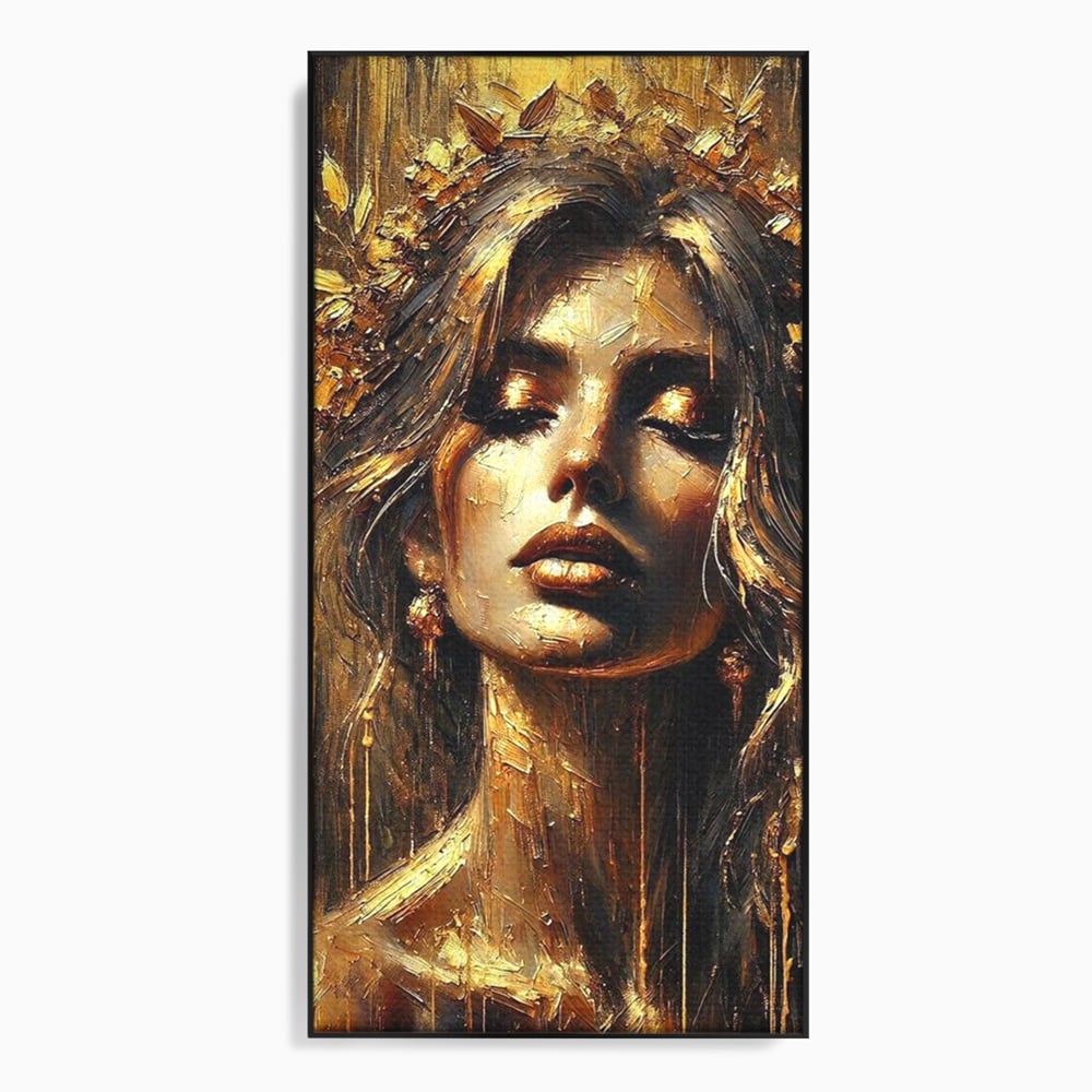 Tablou canvas cu tablou canvas cu portret de femeie aurita, in rama de aluminiu negru