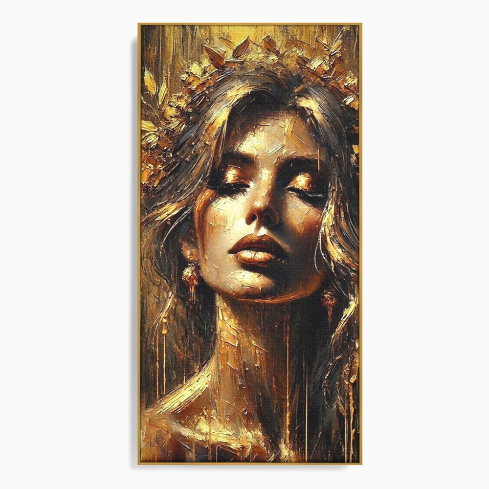 Tablou canvas cu tablou canvas cu portret de femeie aurita, in rama de aluminiu auriu