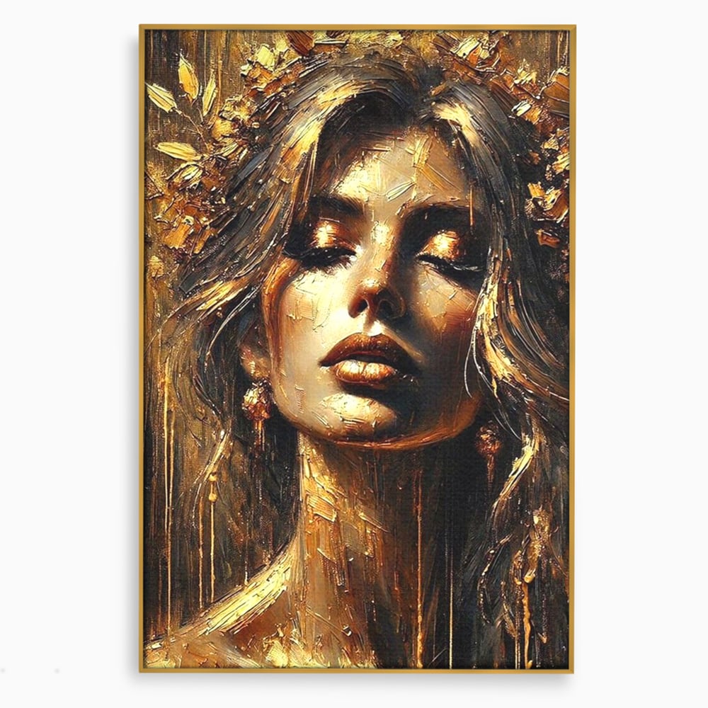 Tablou canvas cu tablou canvas cu portret de femeie aurita, in rama de aluminiu auriu