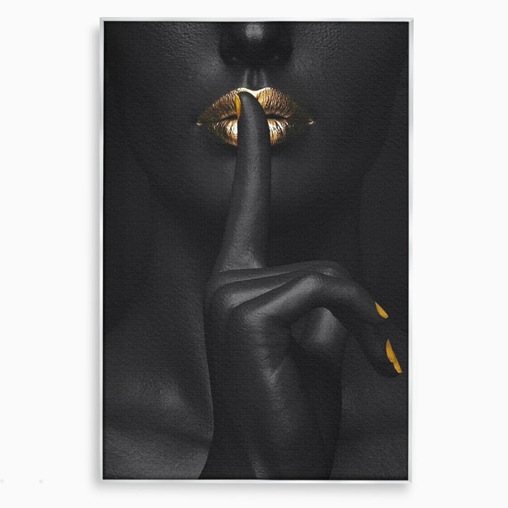 Tablou canvas cu tablou canvas cu buze si deget, in rama de aluminiu argintiu