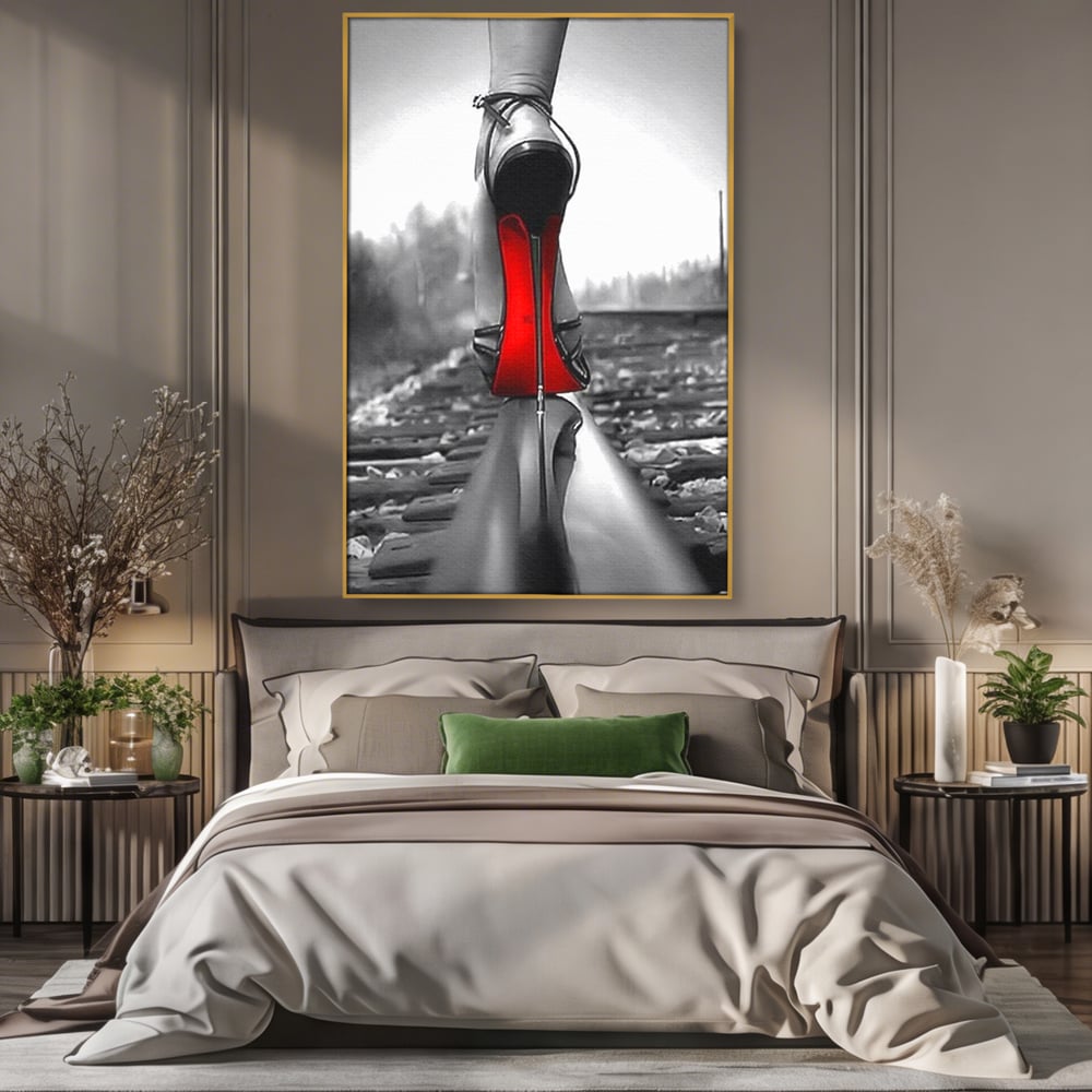 Tablou canvas cu tablou canvas cu pantof pe sina, in rama de aluminiu auriu, pe perete intr-un dormitor
