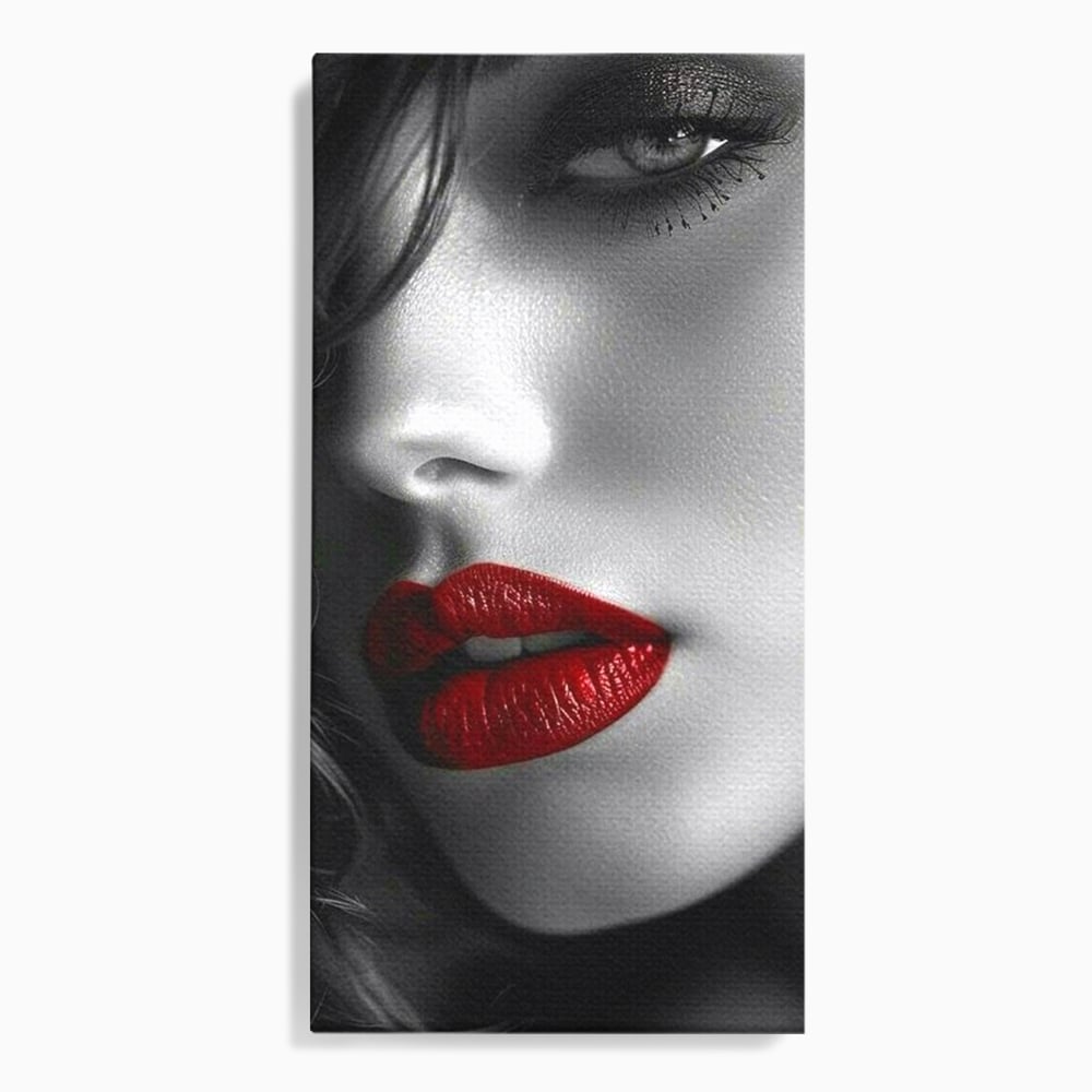 Tablou canvas cu portret feminin alb-negru cu buze rosii, fara rama, pe sasiu de lemn