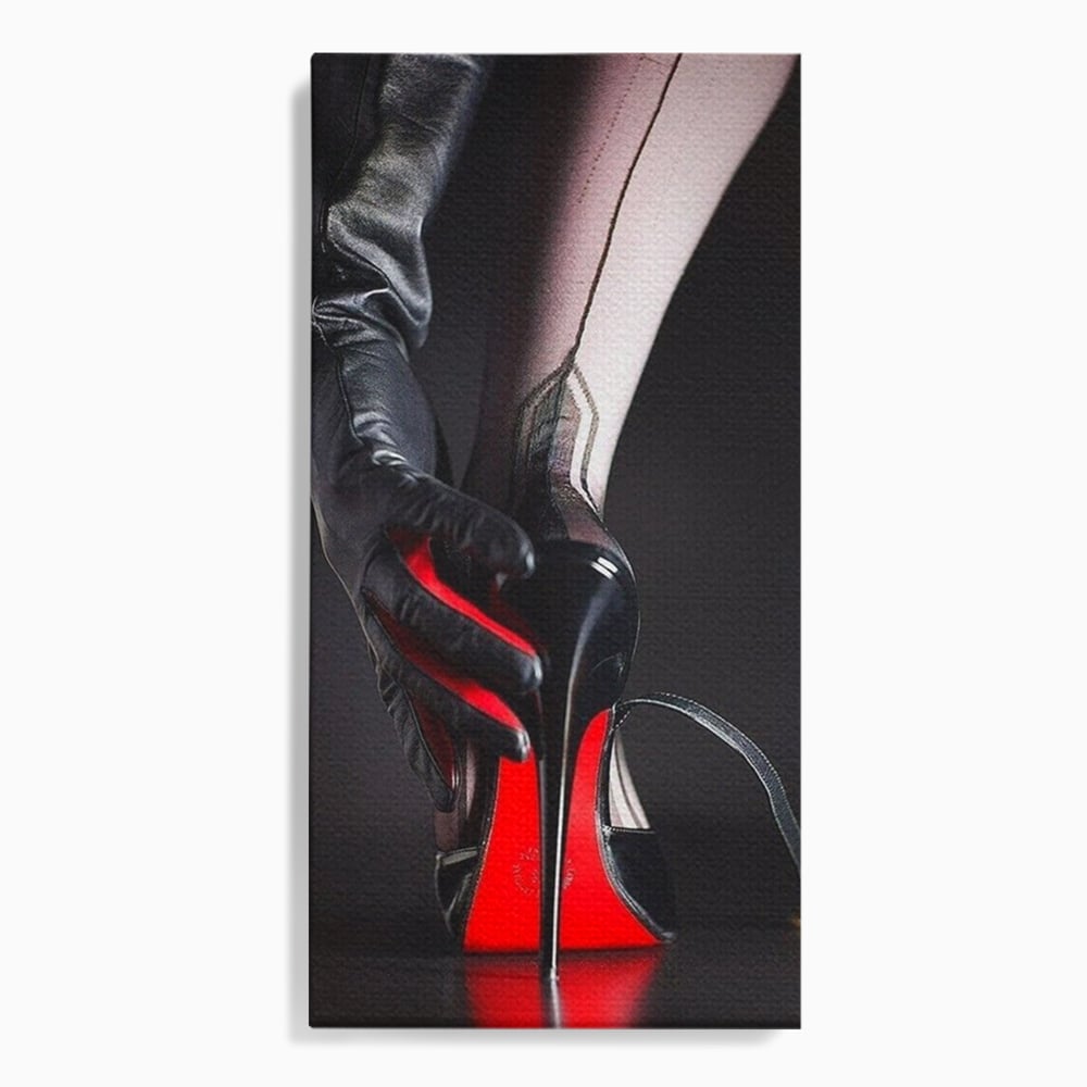Tablou canvas cu tablou canvas cu pantof rosu si picior, fara rama, pe sasiu de lemn