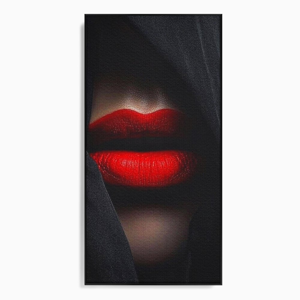 Tablou canvas cu buze rosii acoperite cu un voal negru, in rama de aluminiu negru