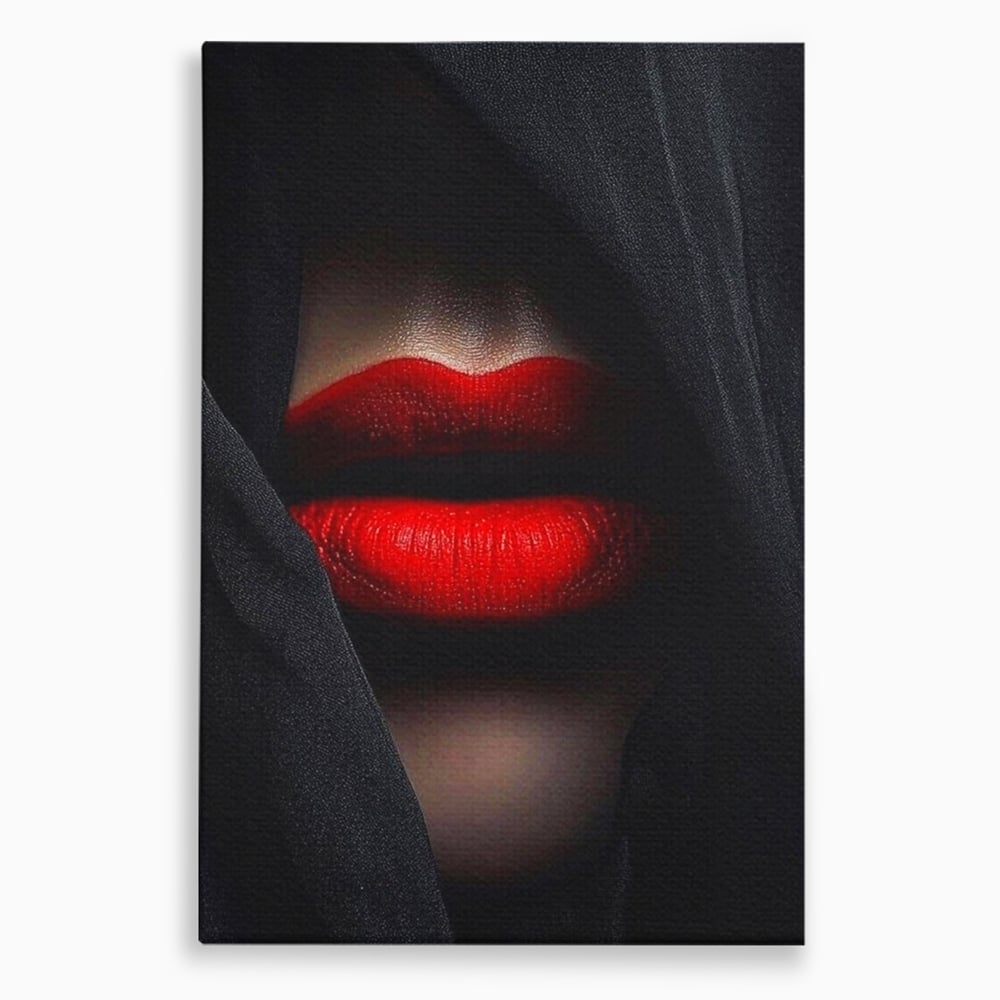 Tablou canvas cu buze rosii acoperite cu un voal negru, fara rama, pe sasiu de lemn