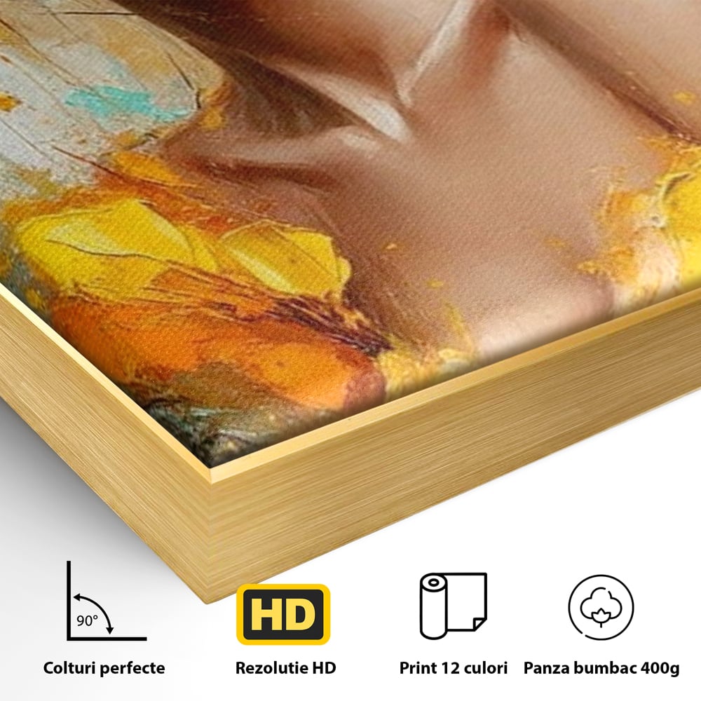 Detaliu al suprafetei: pictura portret femeie cu flori galbene, in rama de aluminiu auriu