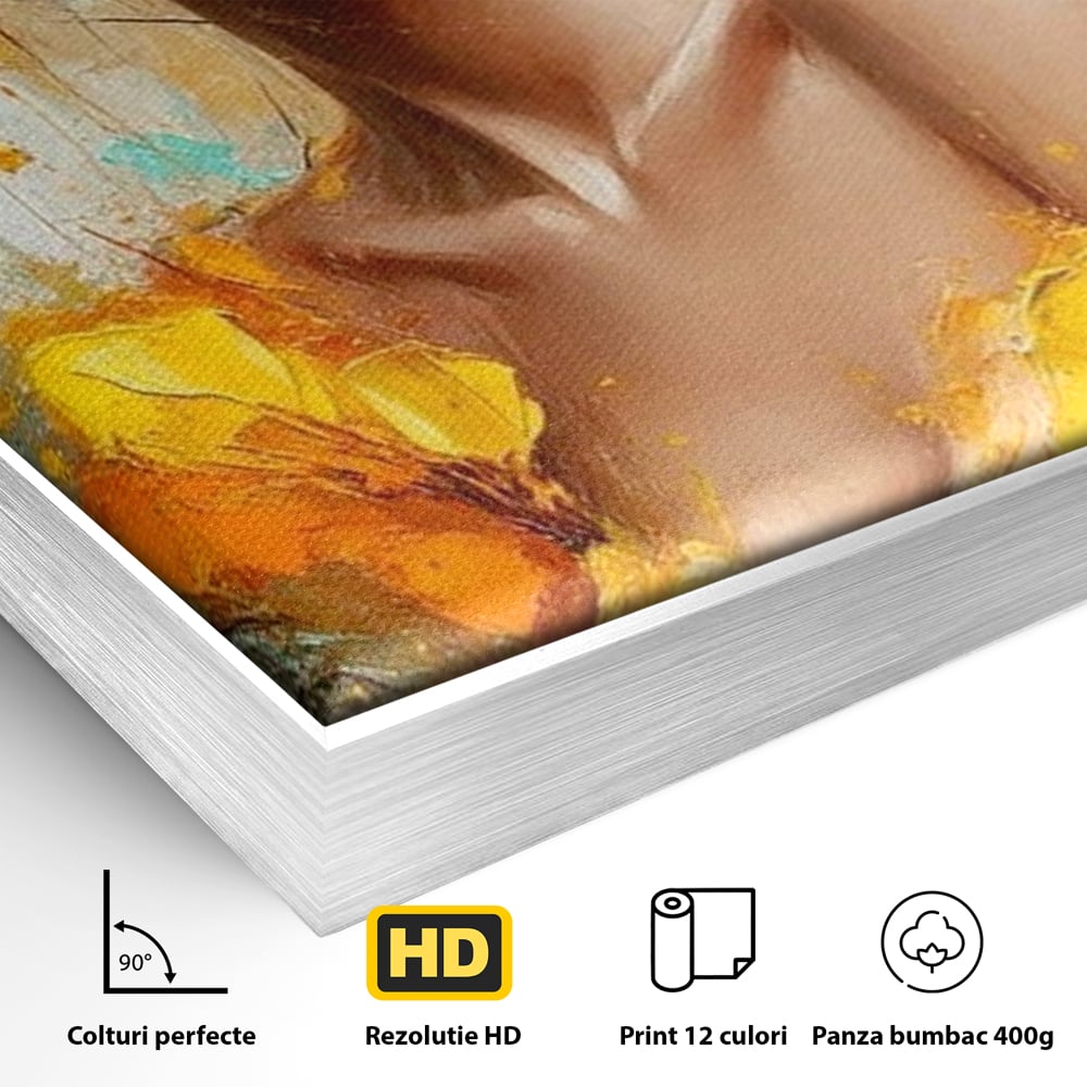 Detaliu al suprafetei: pictura portret femeie cu flori galbene, in rama de aluminiu argintiu