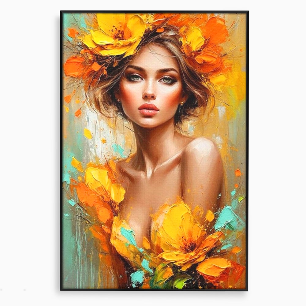 Tablou canvas cu pictura portret femeie cu flori galbene, in rama de aluminiu negru