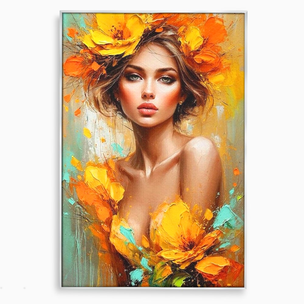 Tablou canvas cu pictura portret femeie cu flori galbene, in rama de aluminiu argintiu
