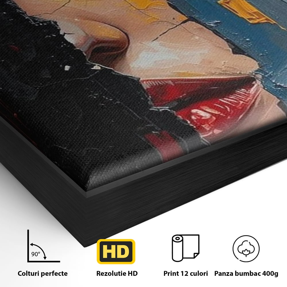 Detaliu al suprafetei: tablou canvas cu portretul unei femei, in rama de aluminiu negru