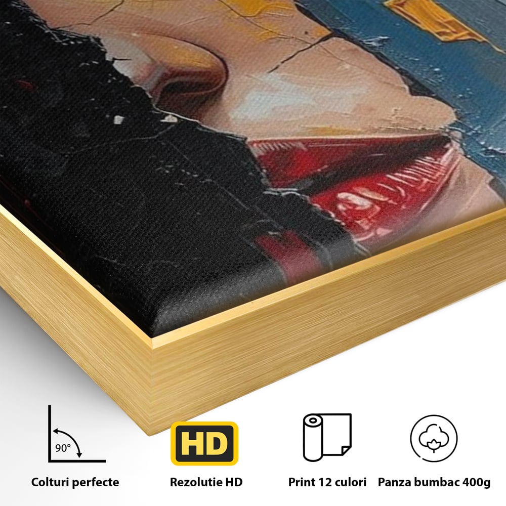 Detaliu al suprafetei: tablou canvas cu portretul unei femei, in rama de aluminiu auriu