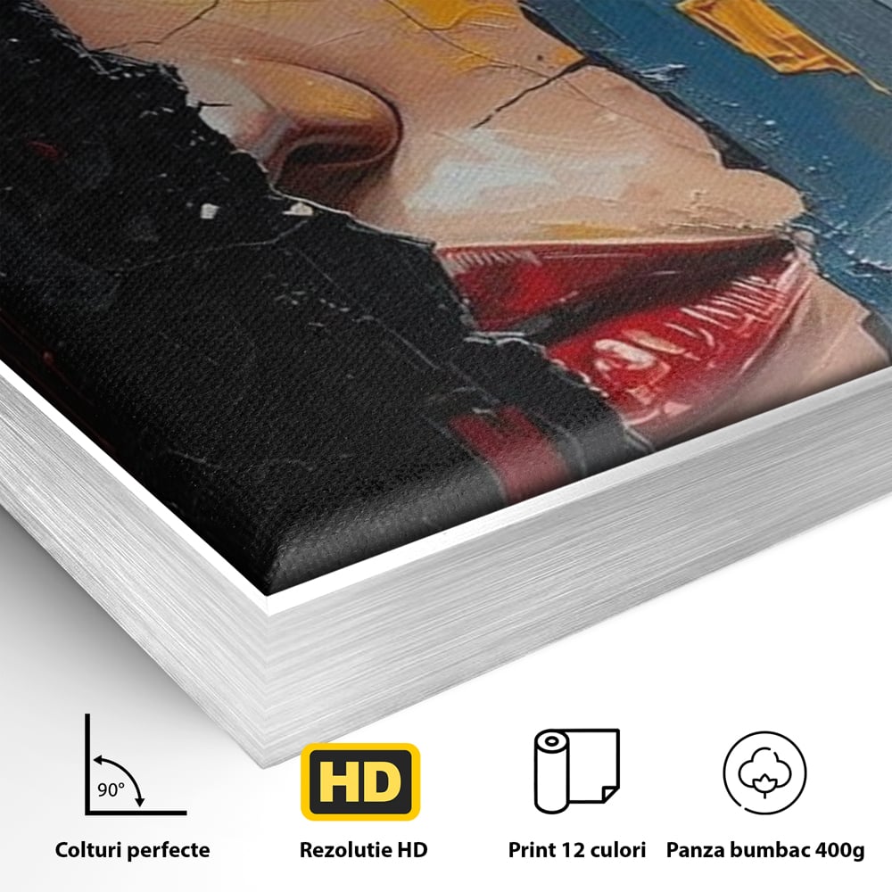 Detaliu al suprafetei: tablou canvas cu portretul unei femei, in rama de aluminiu argintiu