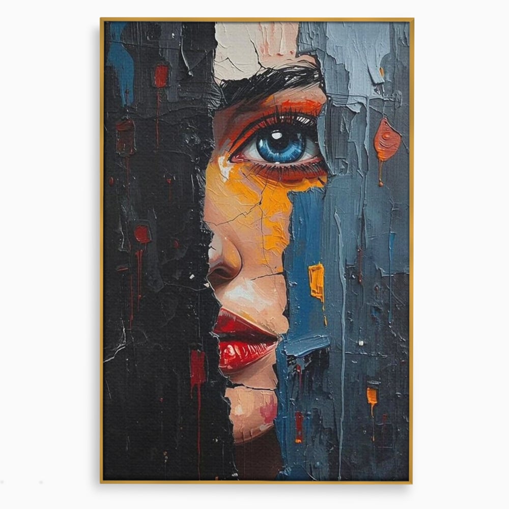 Tablou canvas cu tablou canvas cu portretul unei femei, in rama de aluminiu auriu