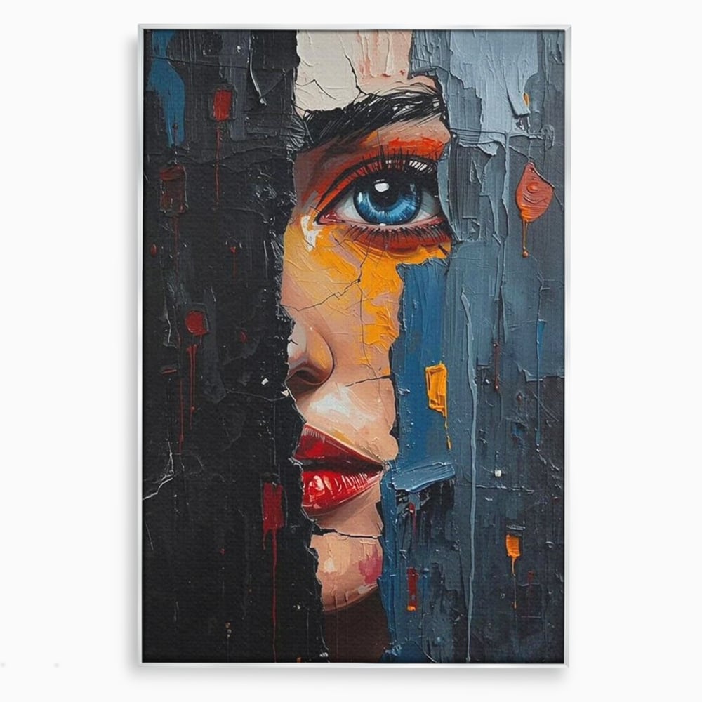 Tablou canvas cu tablou canvas cu portretul unei femei, in rama de aluminiu argintiu