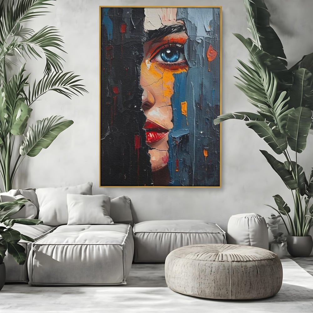 Tablou canvas cu tablou canvas cu portretul unei femei, in rama de aluminiu auriu, pe perete intr-un living