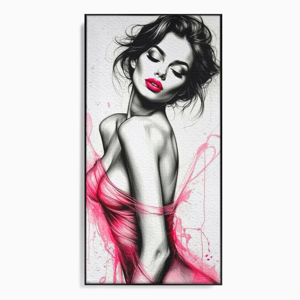Tablou canvas cu portret schitat de femeie cu buze roz, in rama de aluminiu negru
