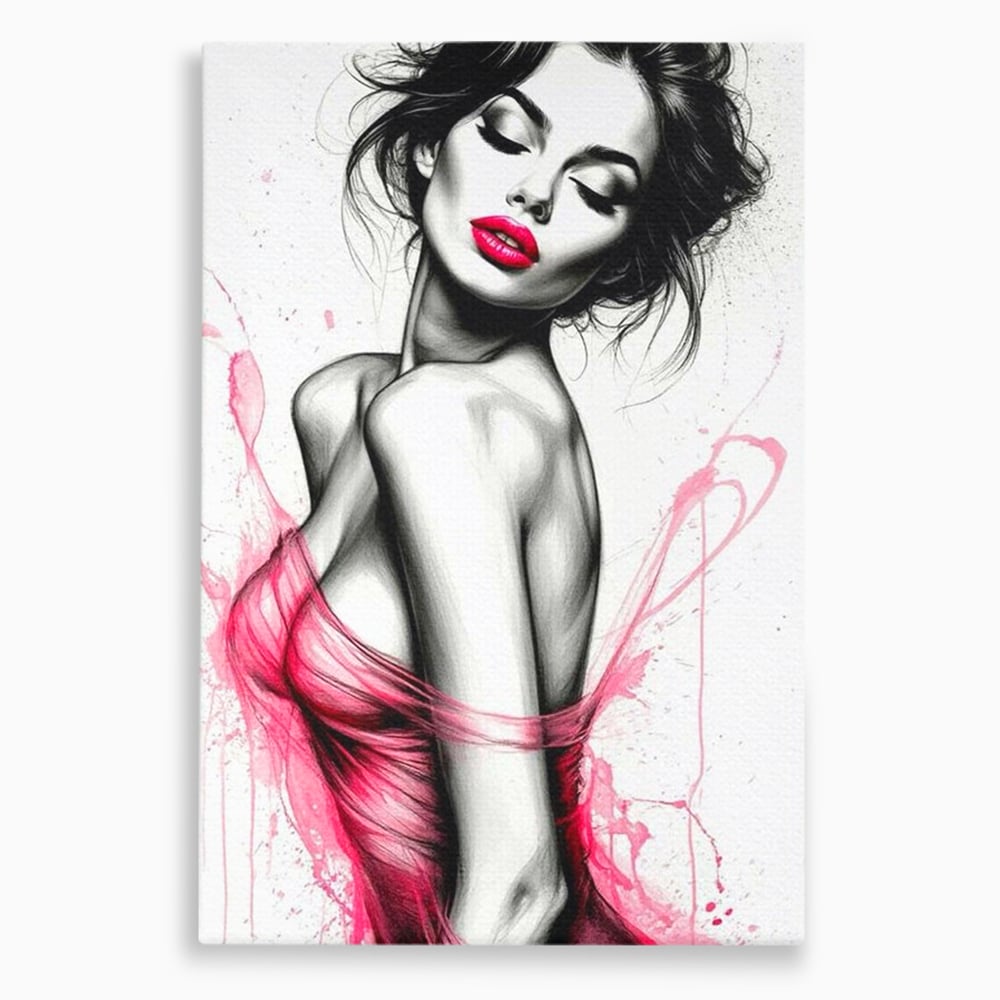 Tablou canvas cu portret schitat de femeie cu buze roz, fara rama, pe sasiu de lemn