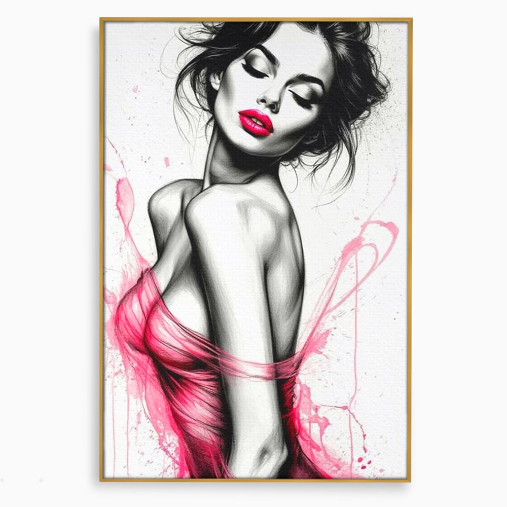 Tablou canvas cu portret schitat de femeie cu buze roz, in rama de aluminiu auriu