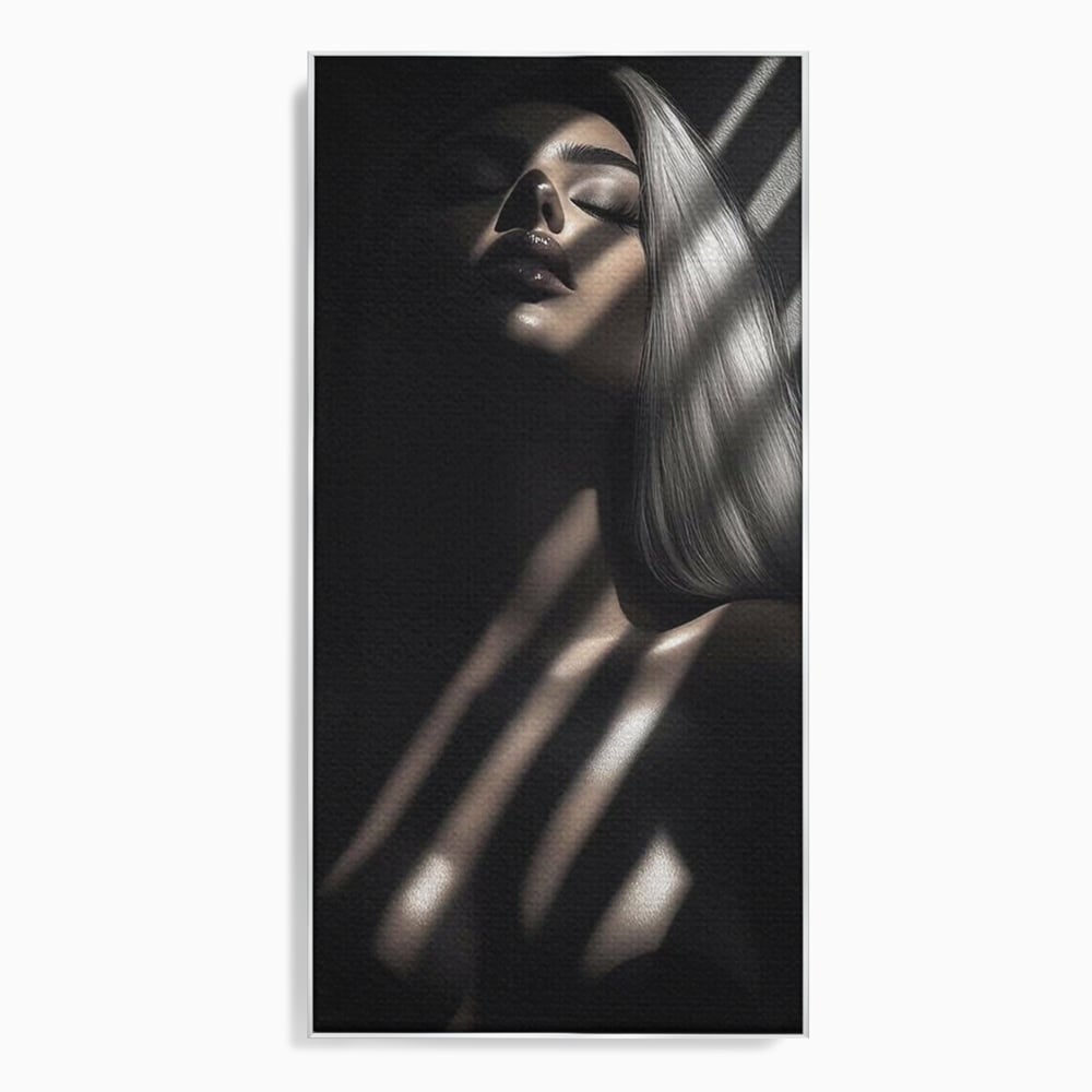 Tablou canvas cu tablou canvas cu silueta feminina in umbra si lumina, in rama de aluminiu argintiu