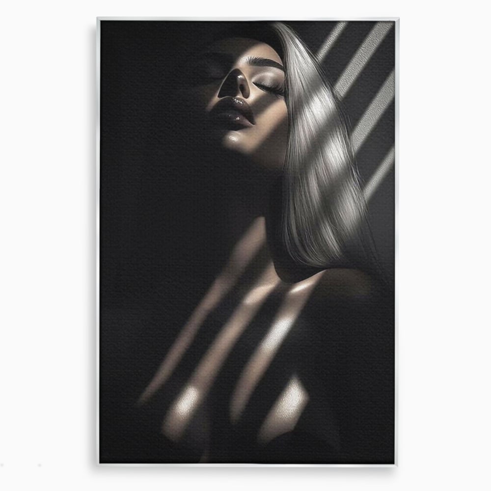 Tablou canvas cu tablou canvas cu silueta feminina in umbra si lumina, in rama de aluminiu argintiu