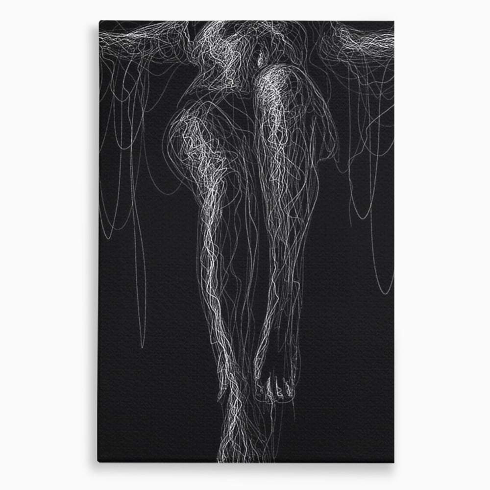 Tablou canvas cu silueta feminina din linii albe pe fond negru, fara rama, pe sasiu de lemn