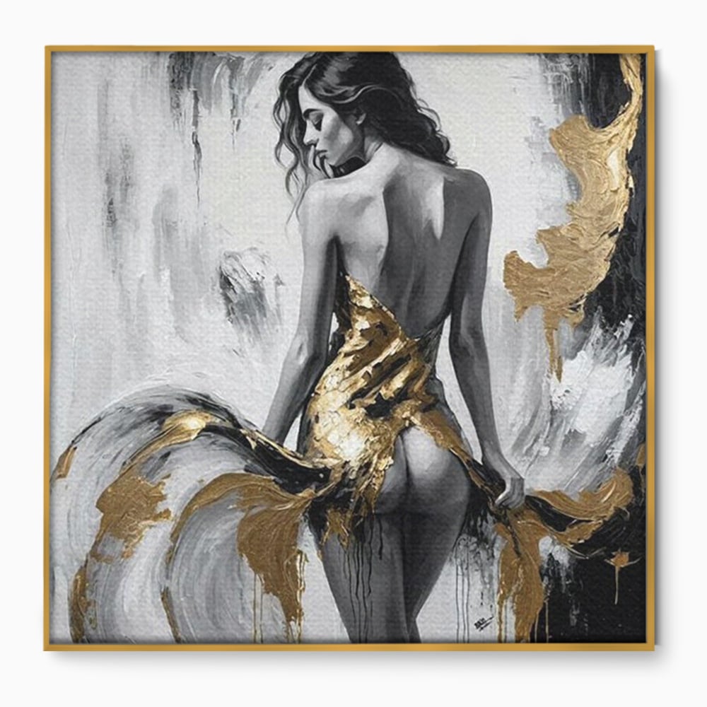 Tablou canvas cu tablou canvas cu silueta de femeie, in rama de aluminiu auriu
