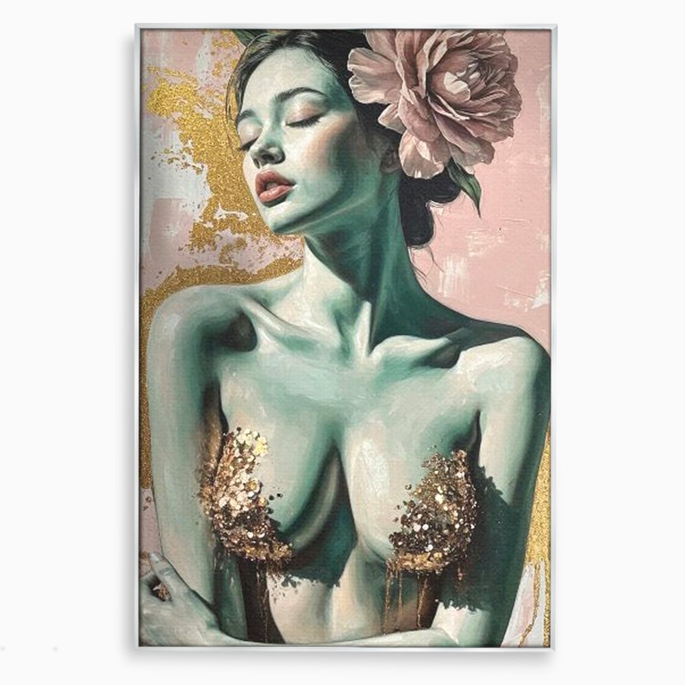 Tablou canvas cu tablou canvas cu femeie si flori roz, in rama de aluminiu argintiu