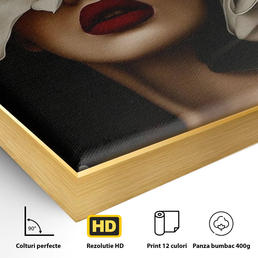 Detaliu al suprafetei: tablou canvas cu femeie si orhidee, in rama de aluminiu auriu