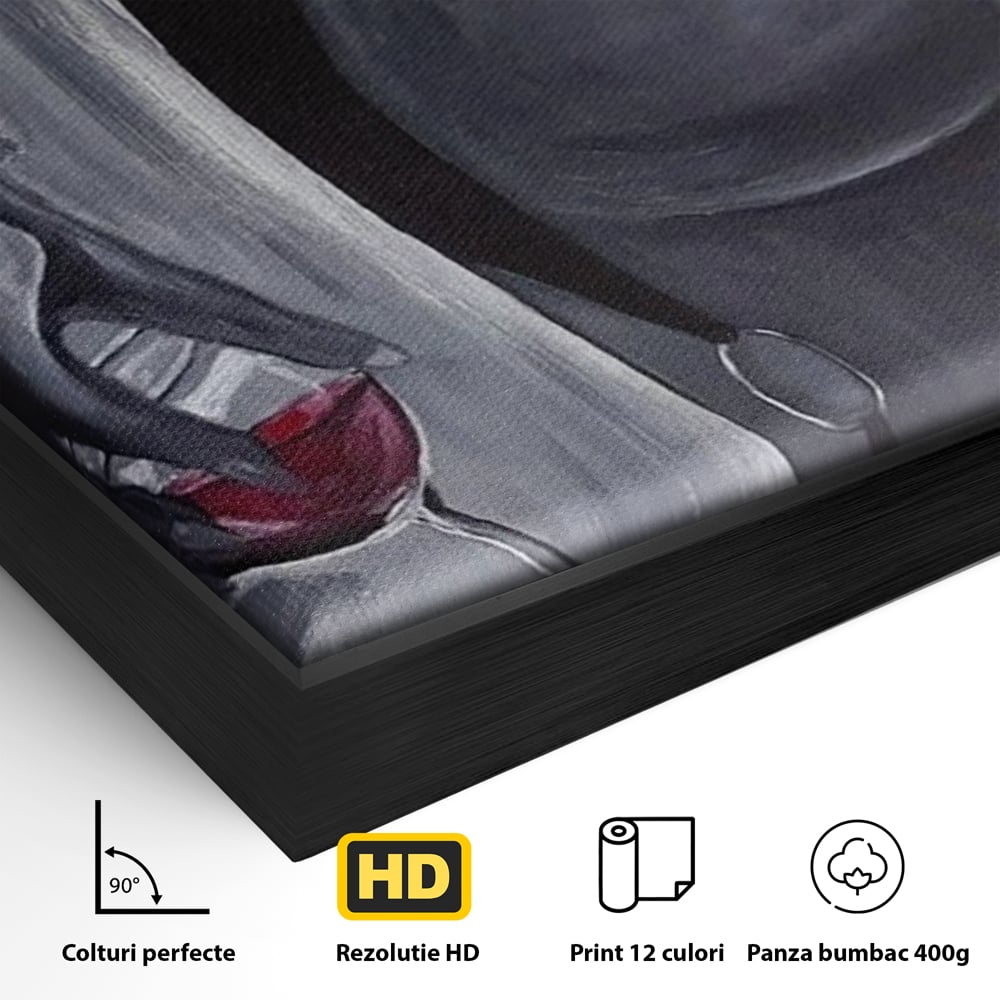 Detaliu al suprafetei: pictura minimalista cu femeie si pahar de vin, in rama de aluminiu negru