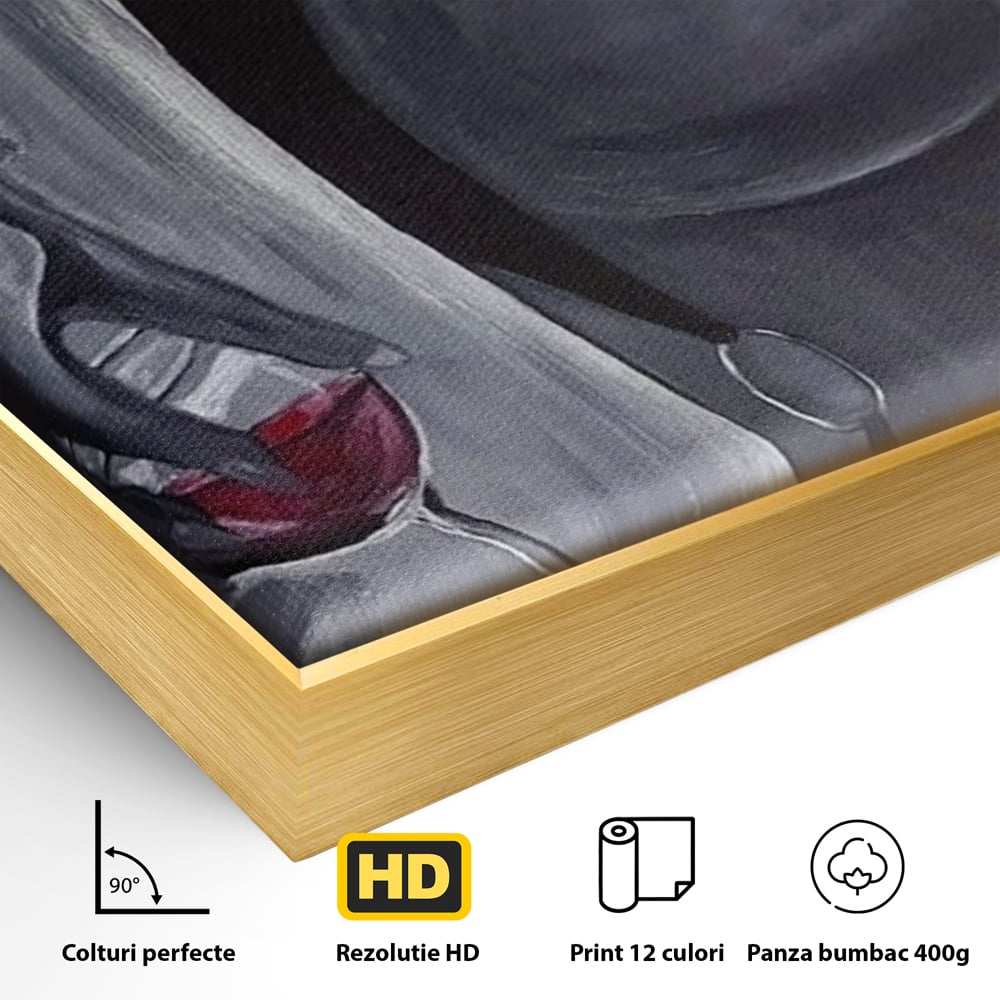 Detaliu al suprafetei: pictura minimalista cu femeie si pahar de vin, in rama de aluminiu auriu