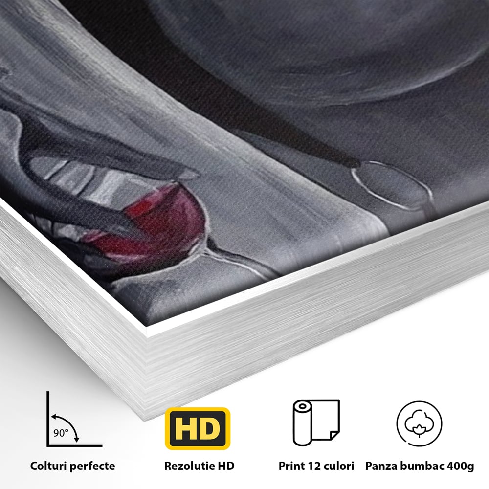 Detaliu al suprafetei: pictura minimalista cu femeie si pahar de vin, in rama de aluminiu argintiu