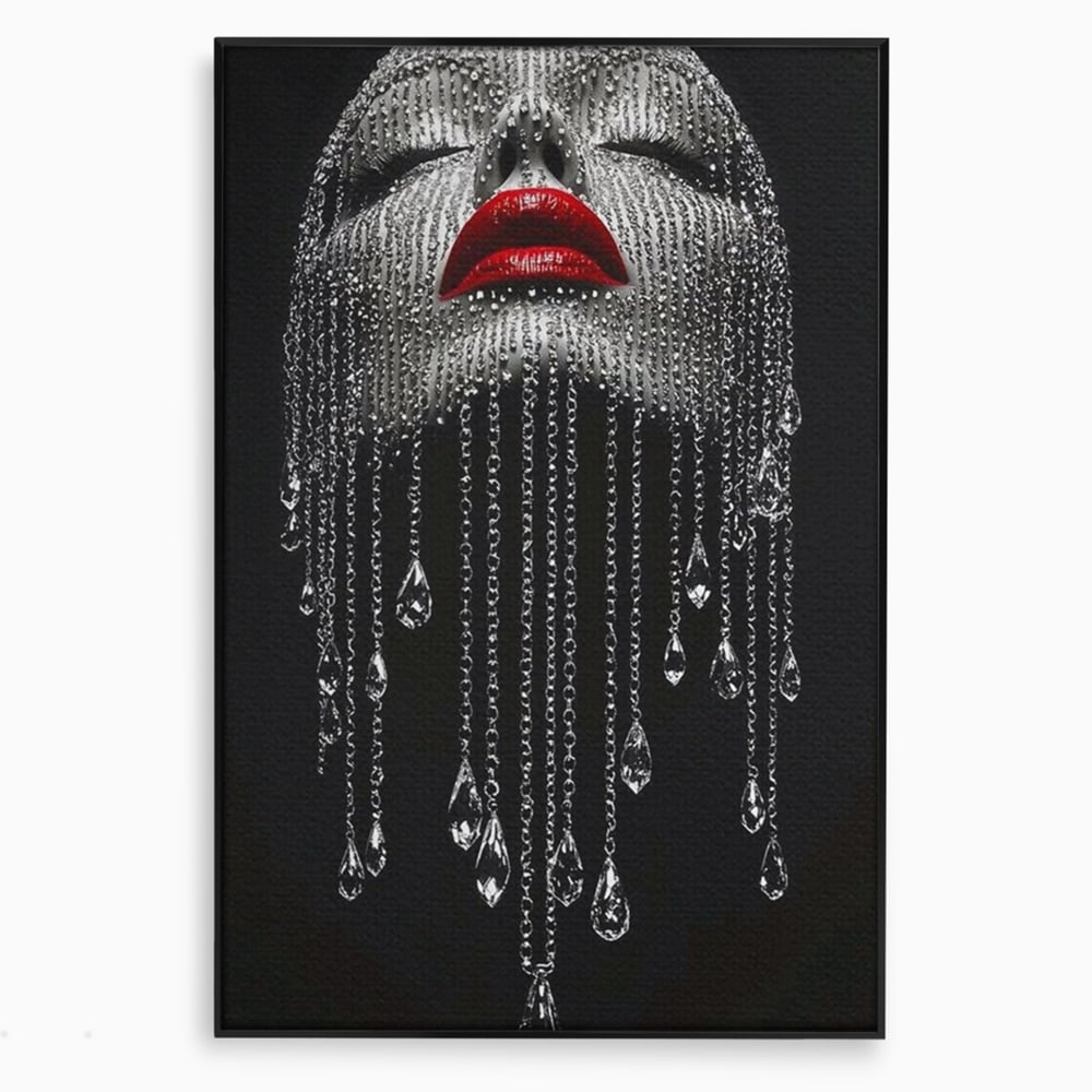 Tablou canvas cu tablou portret femeie cu cristale si buze rosii, in rama de aluminiu negru