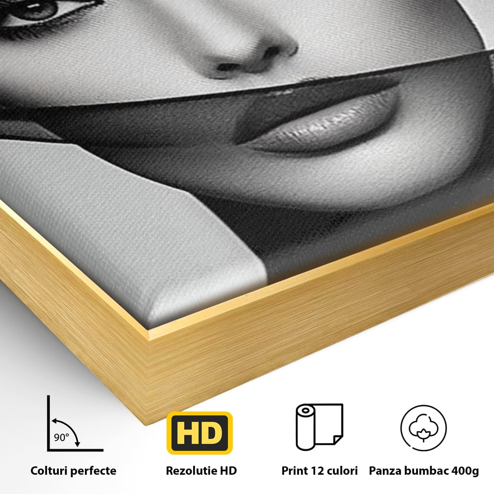 Detaliu al suprafetei: tablou canvas cu femeie si voal negru, in rama de aluminiu auriu