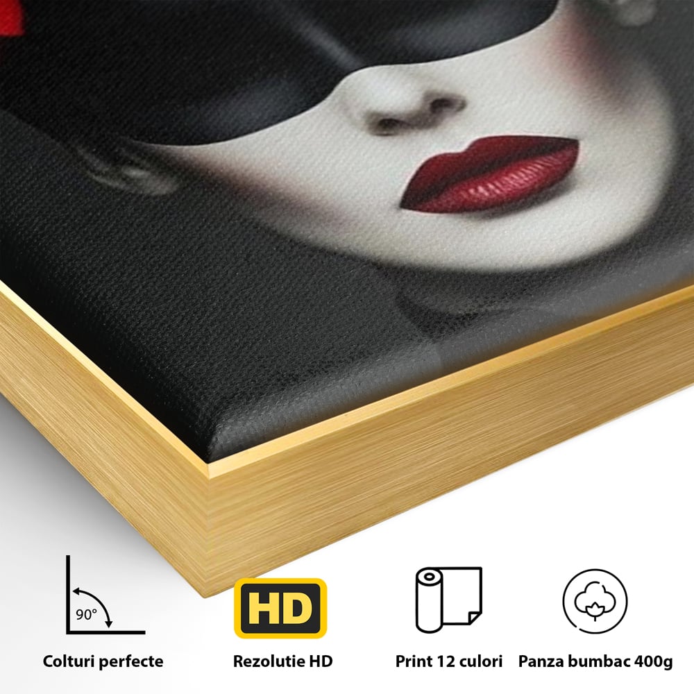 Detaliu al suprafetei: tablou canvas cu femeie mascata si flori rosii, in rama de aluminiu auriu