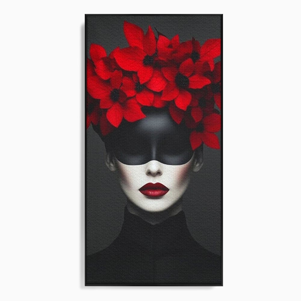 Tablou canvas cu tablou canvas cu femeie mascata si flori rosii, in rama de aluminiu negru