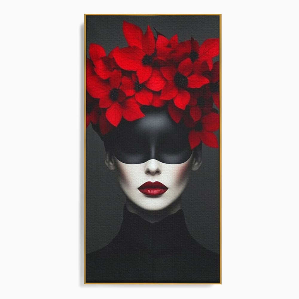 Tablou canvas cu tablou canvas cu femeie mascata si flori rosii, in rama de aluminiu auriu
