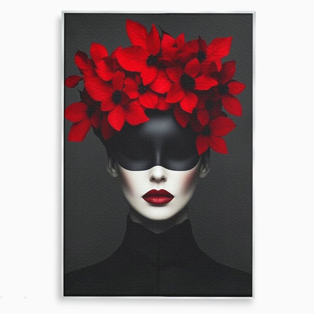 Tablou canvas cu tablou canvas cu femeie mascata si flori rosii, in rama de aluminiu argintiu