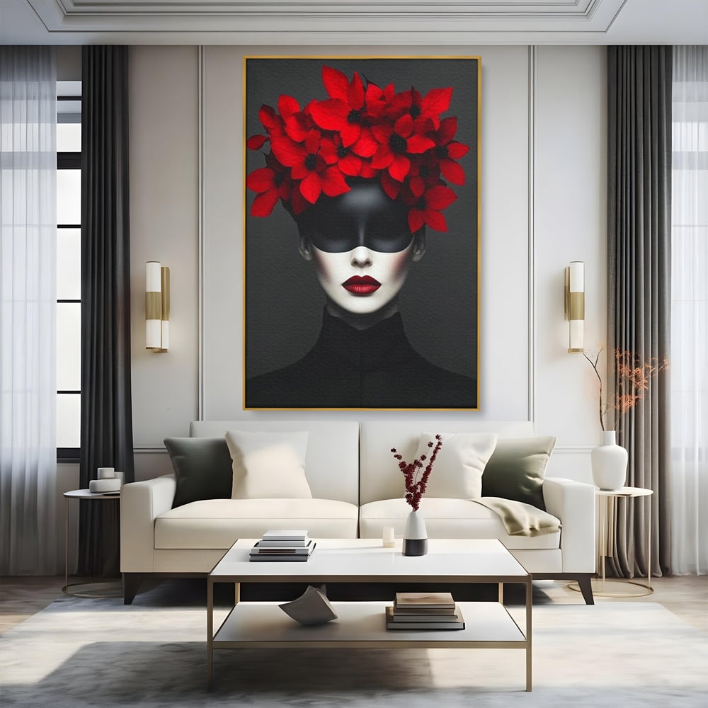 Tablou canvas cu tablou canvas cu femeie mascata si flori rosii, in rama de aluminiu auriu, pe perete intr-un living