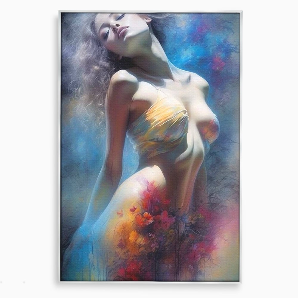 Tablou canvas cu tablou canvas cu femeie si flori, in rama de aluminiu argintiu